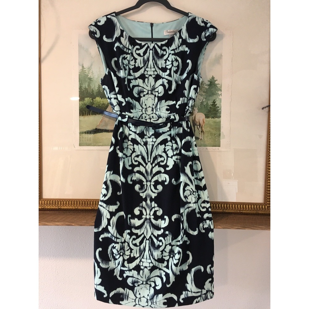 Dressbarn Womens 8 Sheath Modest Floral Sleeveless Belted Career